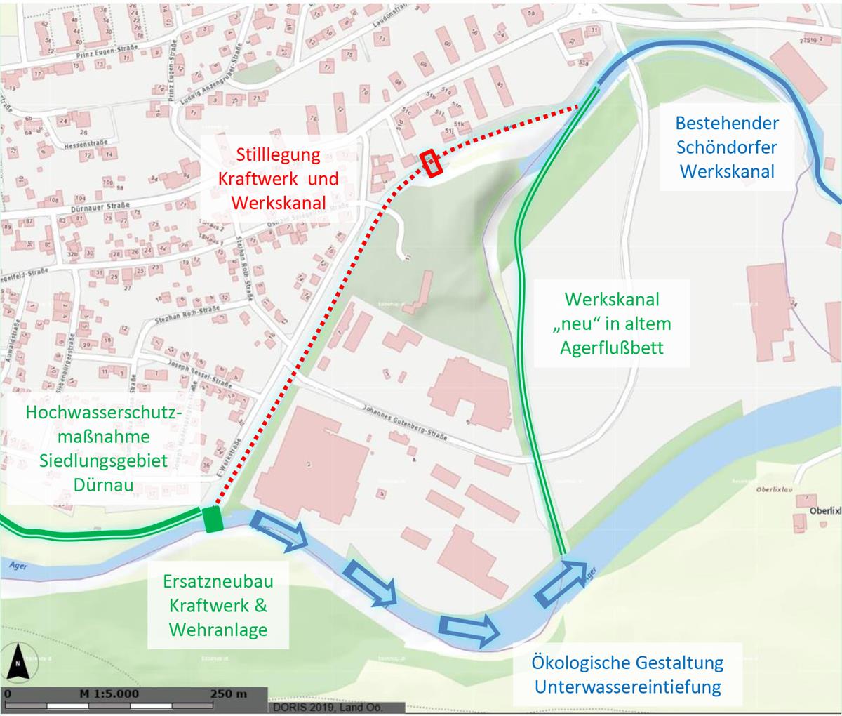 Übersichtsgrafik des Ersatzneubaues und des neuen Werkskanals